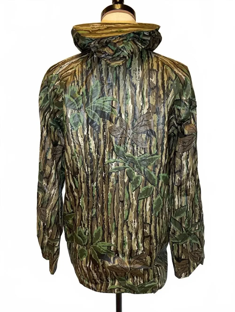 Vintage Realtree Camo Vinyl Rain Jacket Hunting Gorpcore Hooded Waterproof ~XL